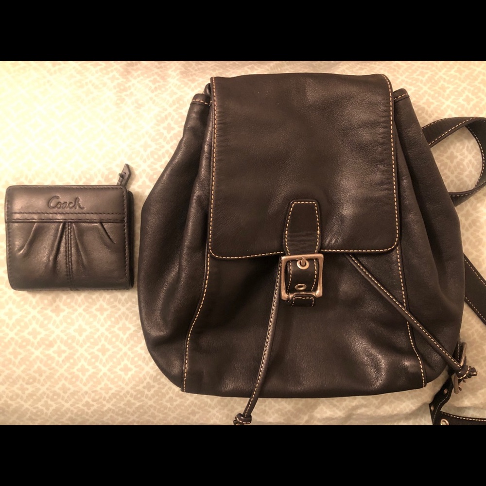 Vintage Coach Black Leather Backpack & a wallet